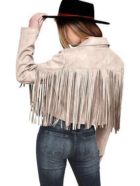 〽️Women's Beige Apricot Fringe Faux Suede Cropped Moto Jacket